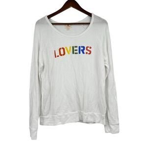 Sundry Oversized White Sweatshirt Lovers rainbow spell out Pullover size medium